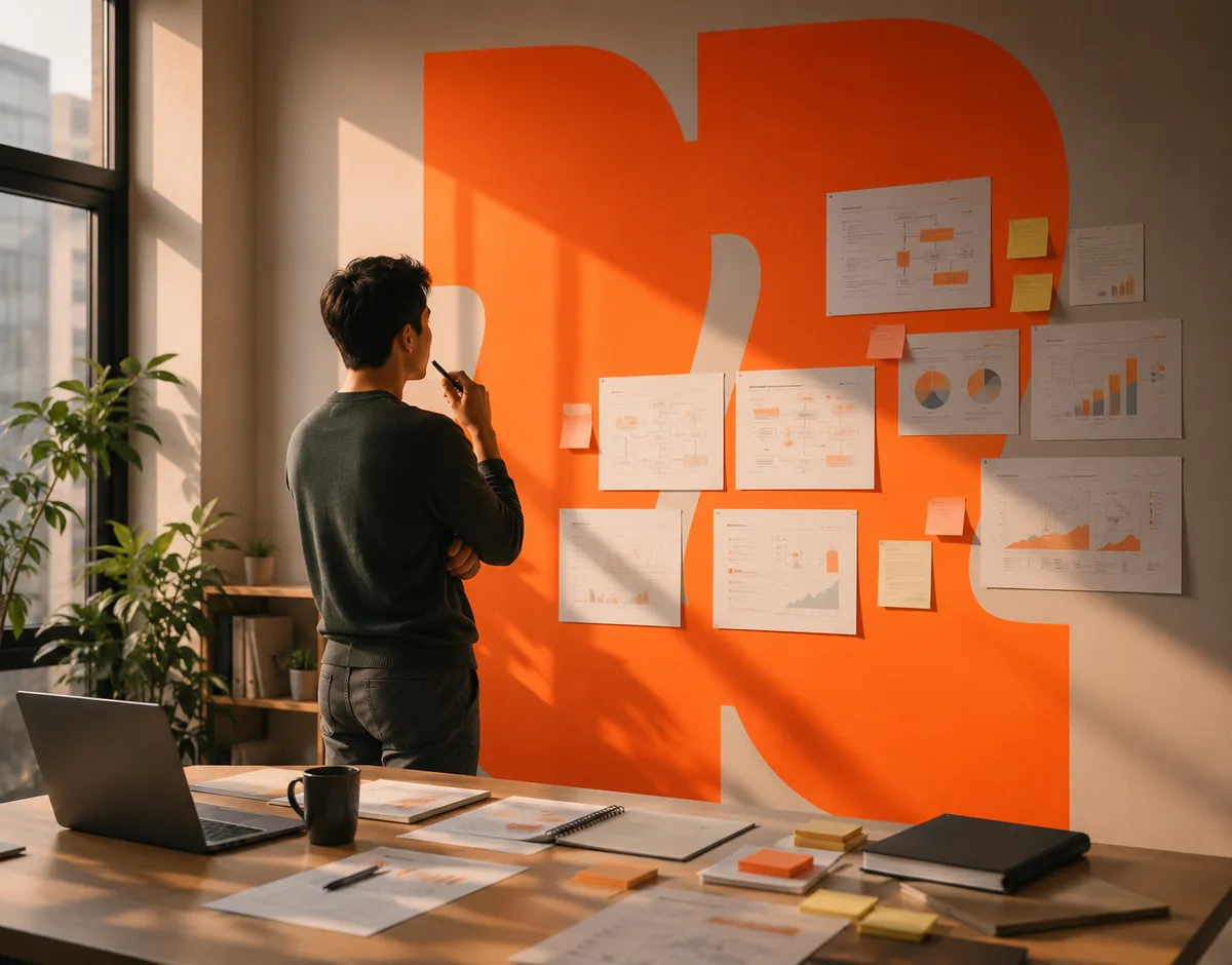 Operations analyst mapping out an RPA process workflow on a wall of charts and sticky notes in a modern office